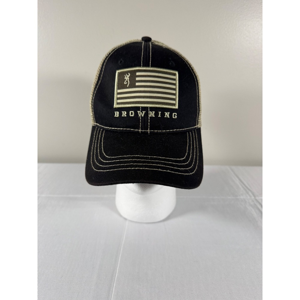 Browning Mens American Flag Buckmark Trucker Hat Black Tan Snapback Cap